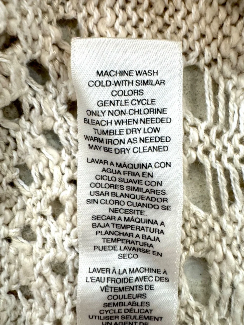 Chico's Women's Size 2 (12-14) Beige Mixed Knit Boho Sweater, Crochet Sleeve